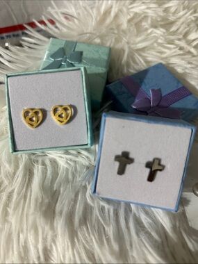 Kids Gold Heart and Silver Cross Stud Earrings Set